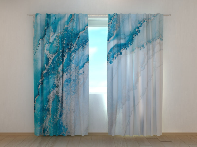 Fotogardine Abstraktes Meer und silberne Wellen