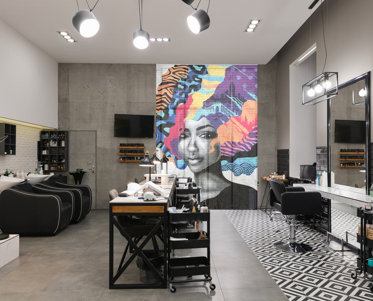 Moderne Schiebegardinen für Schönheitssalons, Flächenvorhang auf Maß für Schönheitsstudio, Fotogardine mit Foto für Damen und Herren Friseursalons