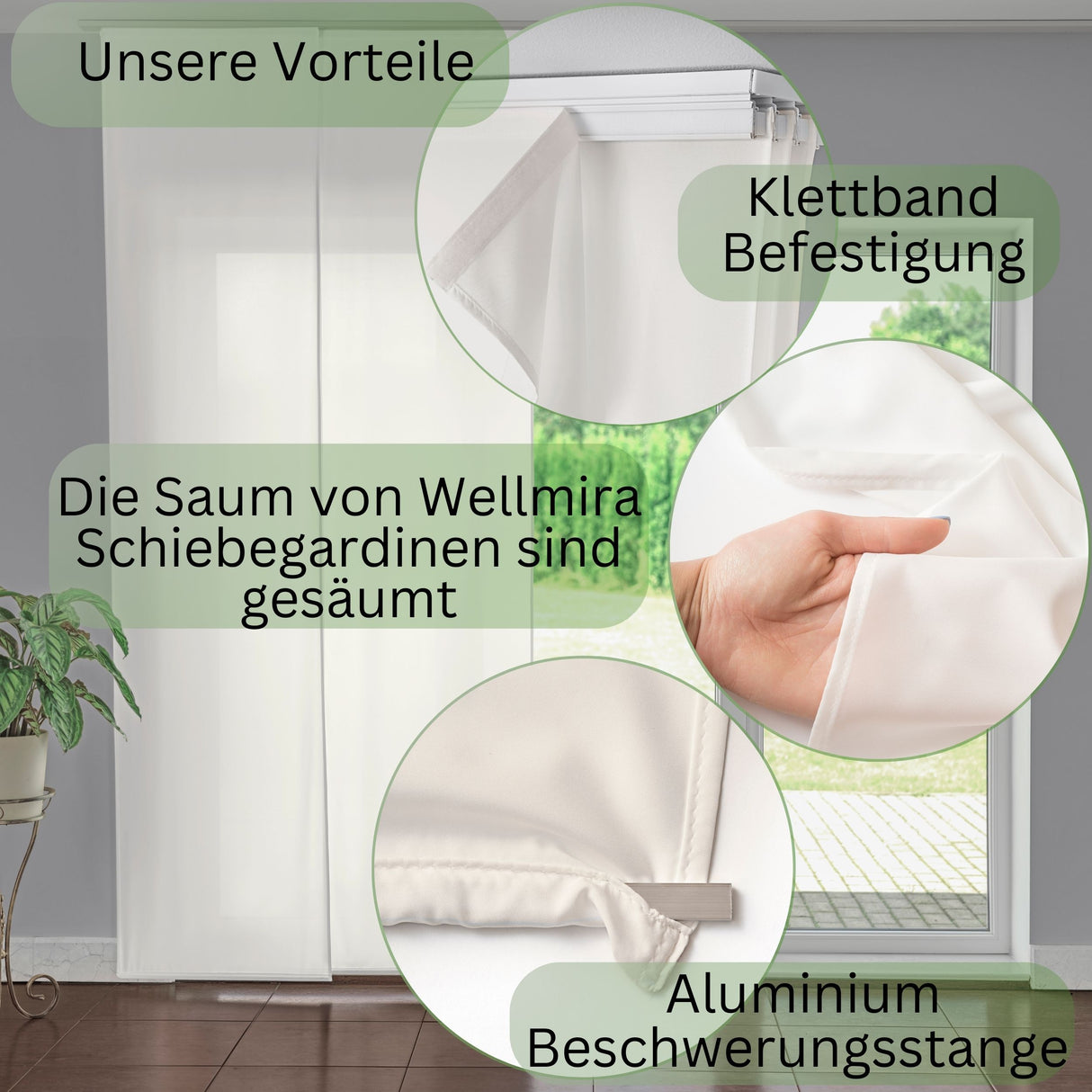 Weiße Schiebegardine aus Silk auf Maß, eleganter Flächenvorhang aus Silk auf Bestellung