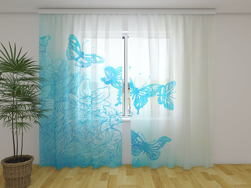 Fotogardine Blaue Aquarellblumen und Schmetterlinge