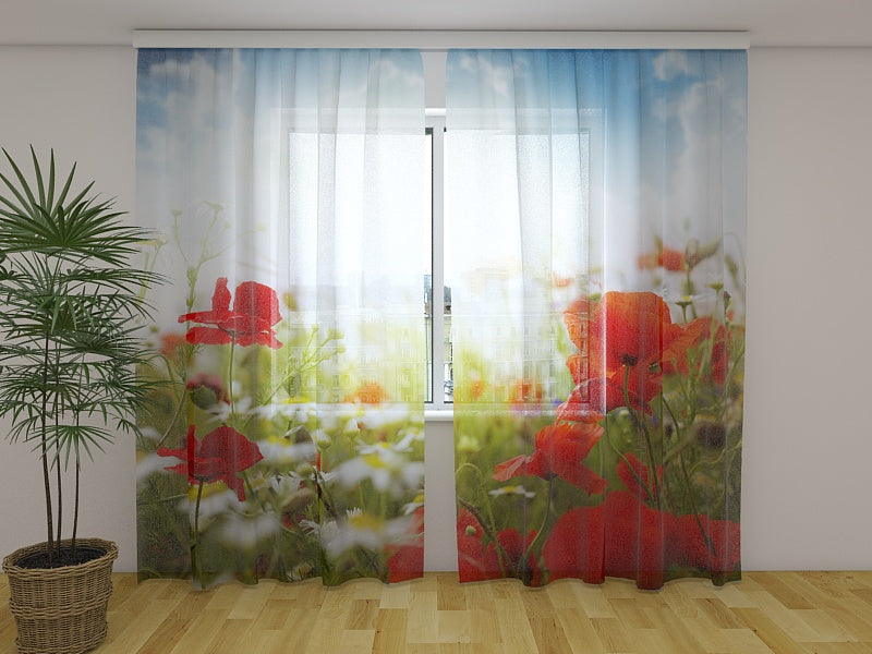 Fotogardine Rote Mohnblumen und blauer Himmel