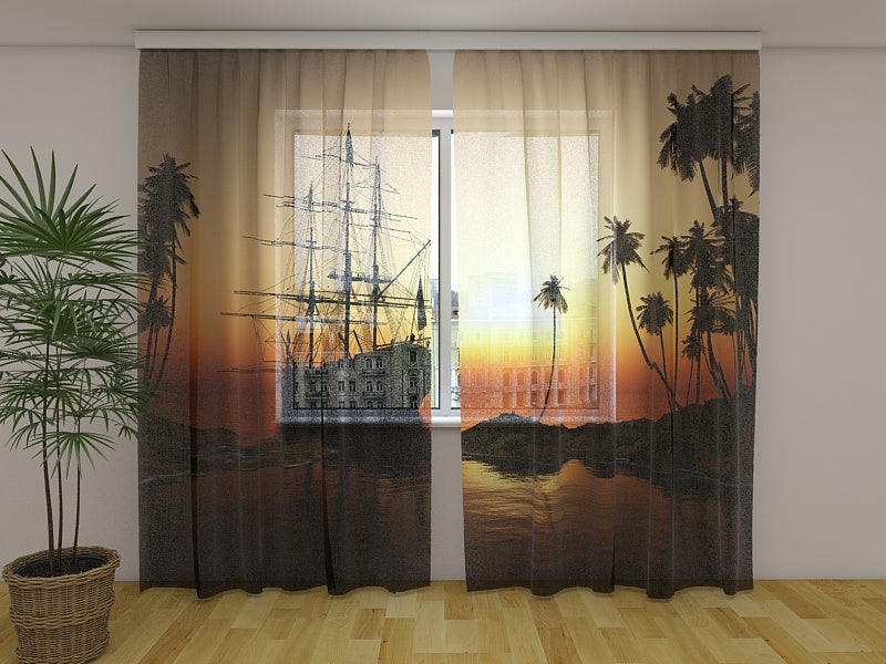 Fotogardine Segelboot bei Sonnenuntergang