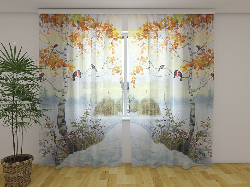 Fotogardine Aquarell-Gimpel auf der Birke