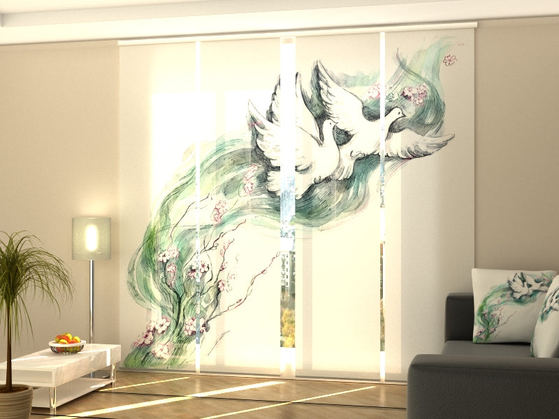 Schiebegardinen Wunderschöne Aquarelle, Tauben und Blumen