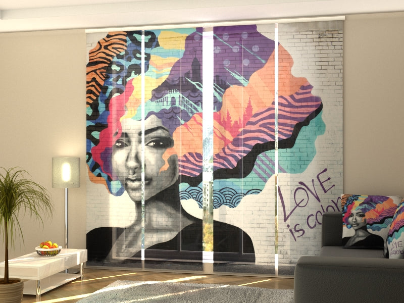 Moderne Schiebegardinen für Schönheitssalons, Flächenvorhang auf Maß für Schönheitsstudio, Fotogardine mit Foto für Damen und Herren Friseursalons