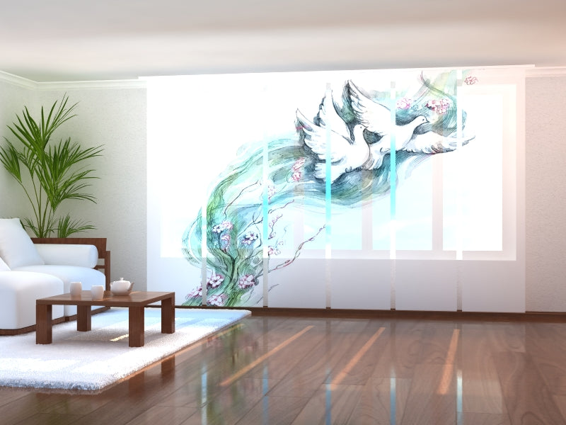 Schiebegardinen Wunderschöne Aquarelle, Tauben und Blumen