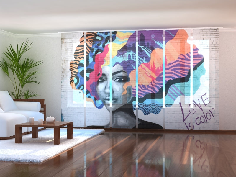 Moderne Schiebegardinen für Schönheitssalons, Flächenvorhang auf Maß für Schönheitsstudio, Fotogardine mit Foto für Damen und Herren Friseursalons