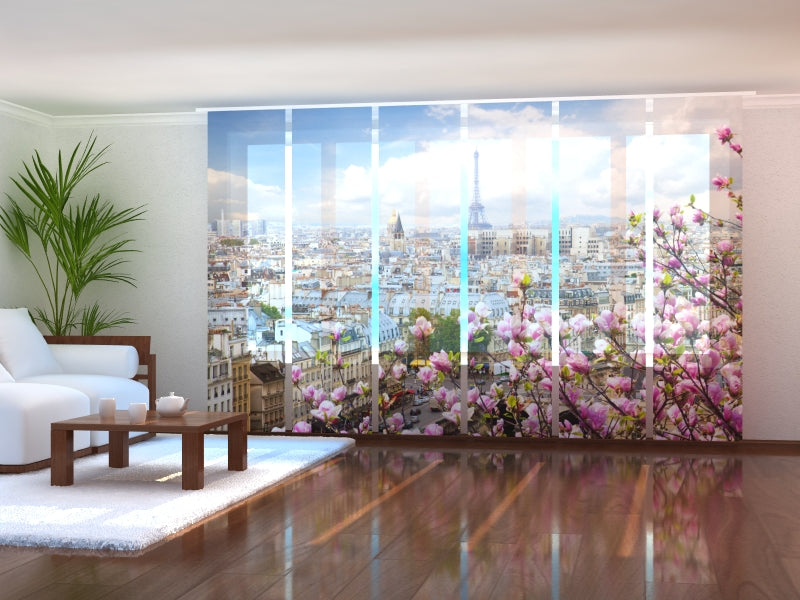 Schiebegardinen Eiffelturm mit blühender Magnolie
