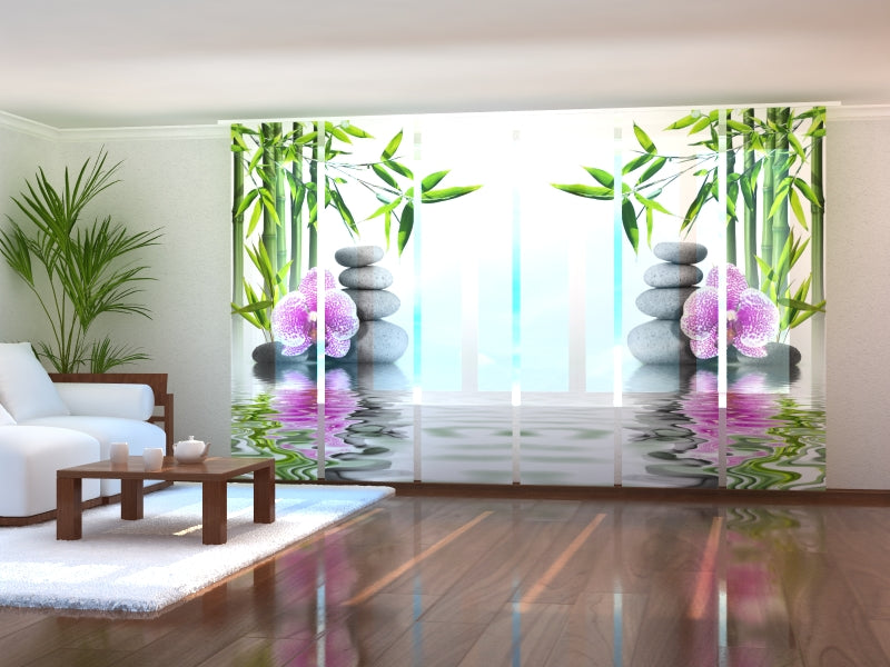 Schiebegardinen Rosa Orchidee mit Bambus und Steinen