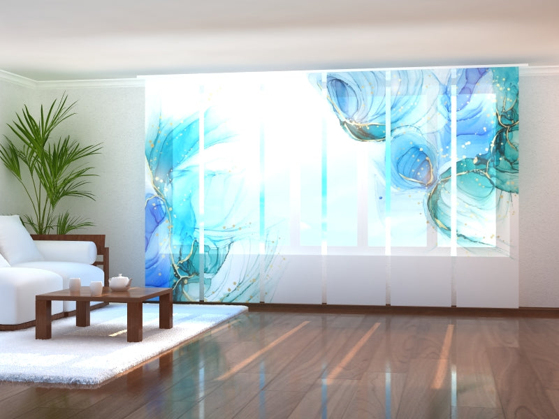 Schiebegardinen Türkisgrünes Aquarell mit goldenen Linien