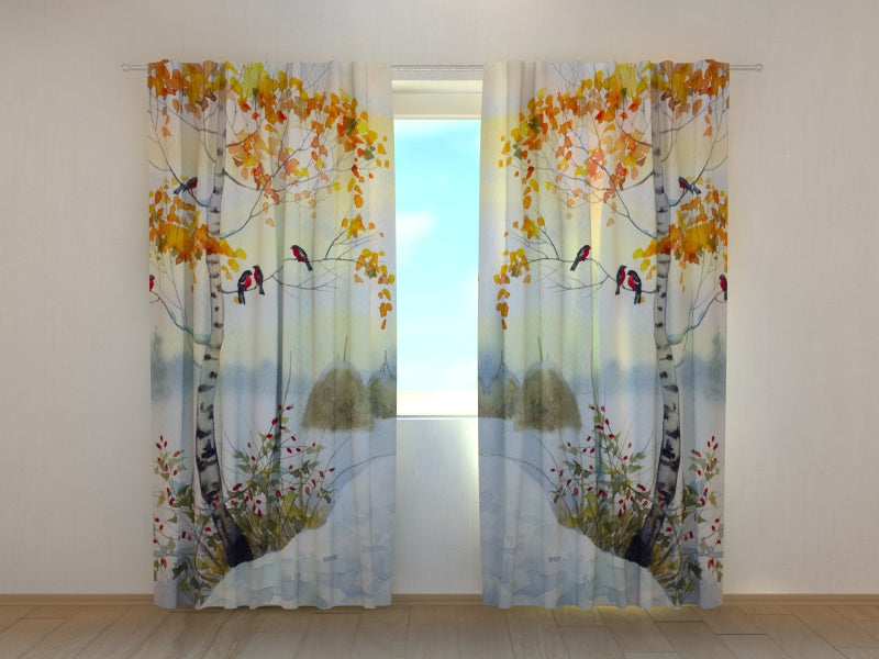 Fotogardine Aquarell-Gimpel auf der Birke