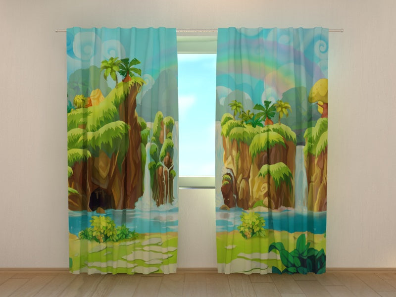 Fotogardine Wasserfall und Regenbogen