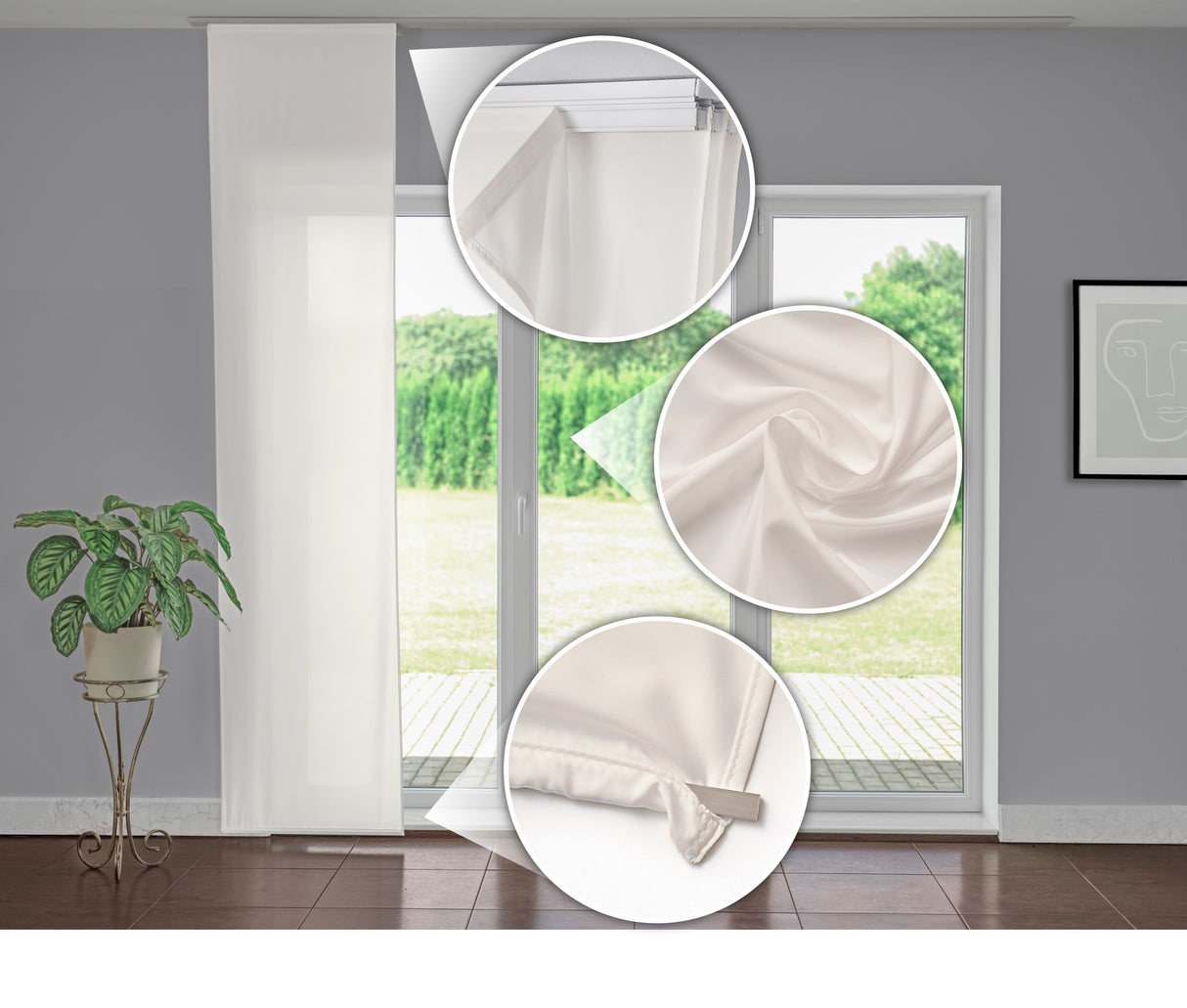 Weiße Schiebegardine aus Silk auf Maß, eleganter Flächenvorhang aus Silk auf Bestellung