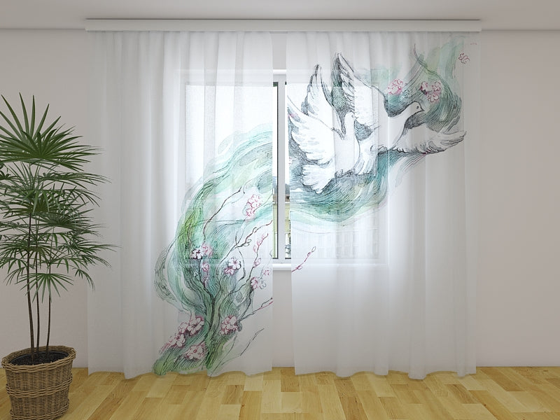 Fotogardine Wunderschöne Aquarelle, Tauben und Blumen