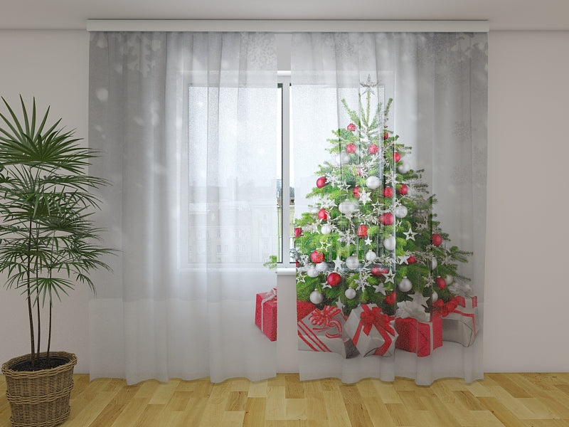 Fotogardine Weihnachtsbaum in Silber und Rot