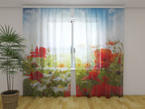 Fotogardine Rote Mohnblumen und blauer Himmel