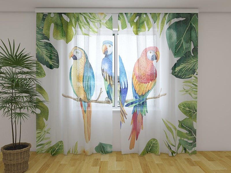 Fotogardine Aquarellpflanzen und Papageien
