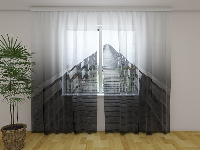 Fotogardine Holzweg in Schwarz und Weiß