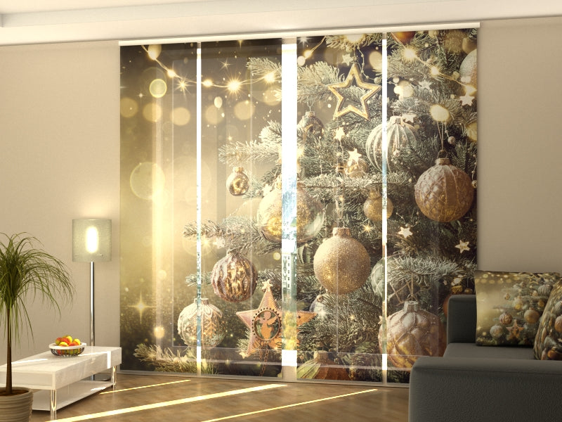 Schiebegardinen Weihnachtsbaum mit goldenem Retro-Spielzeug