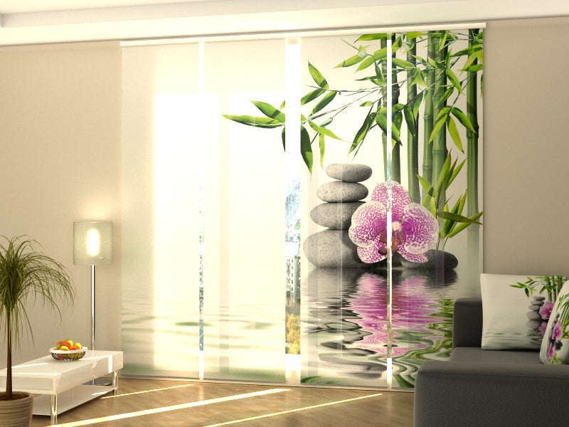 Schiebegardinen Rosa Orchidee mit Bambus und Steinen