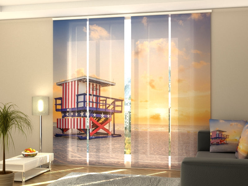Schiebegardinen Sonnenaufgang am Miami Beach und Rettungsschwimmerturm