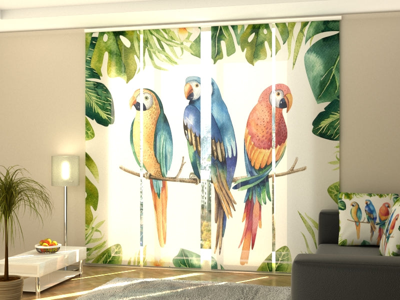 Schiebegardinen Aquarellpflanzen und Papageien