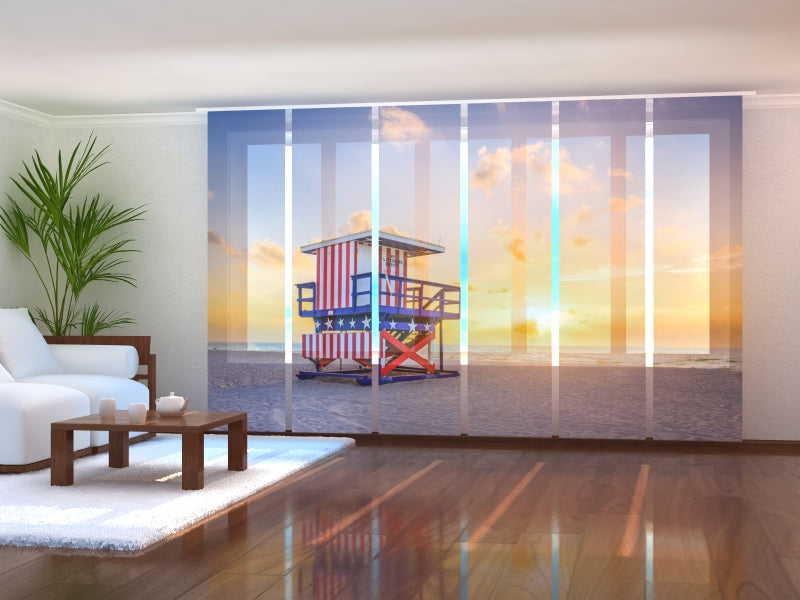 Schiebegardinen Sonnenaufgang am Miami Beach und Rettungsschwimmerturm