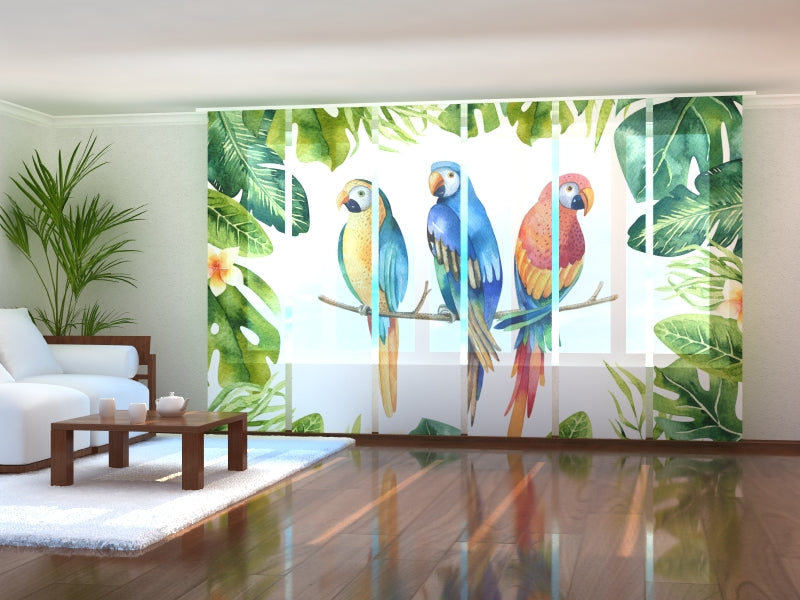 Schiebegardinen Aquarellpflanzen und Papageien