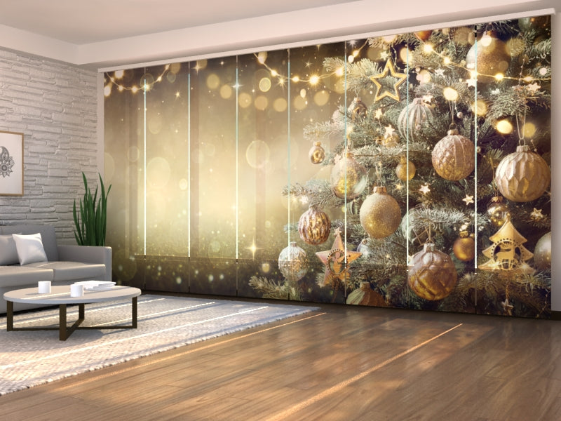 Schiebegardinen Weihnachtsbaum mit goldenem Retro-Spielzeug