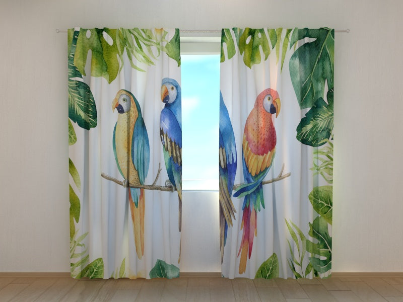 Fotogardine Aquarellpflanzen und Papageien